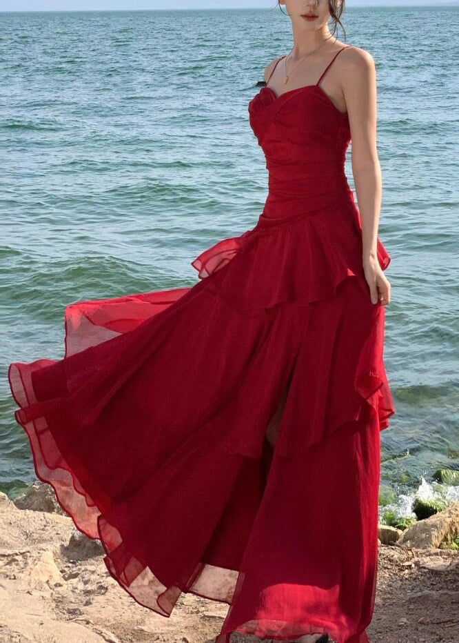Stylish Red Exra Large Hem Chiffon Spaghetti Strap Dress Summer - View 3
