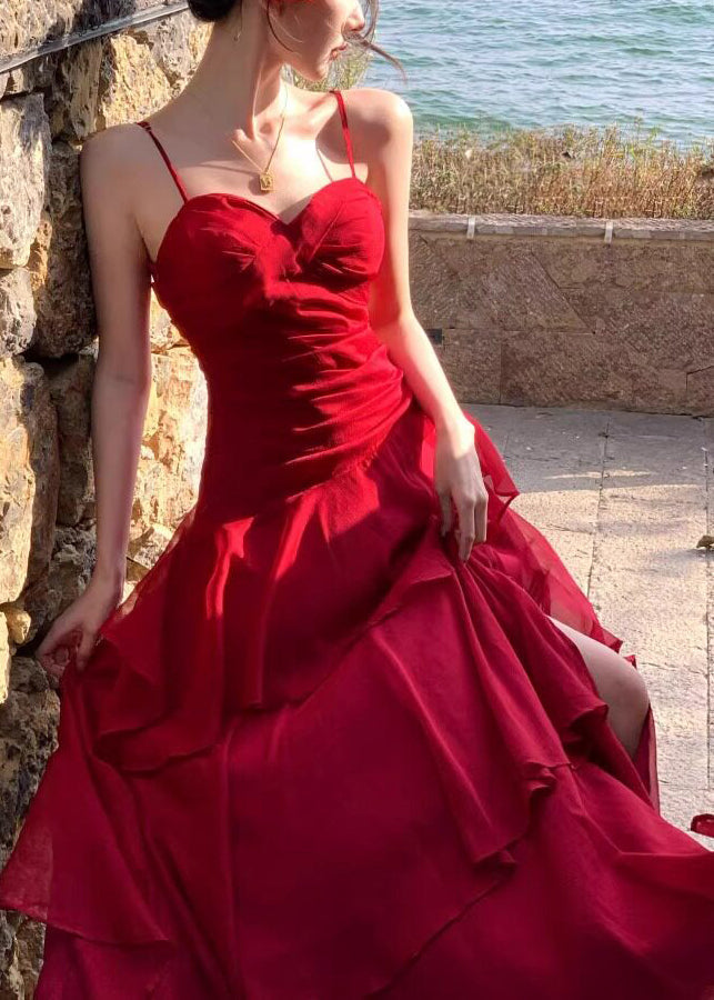 Stylish Red Exra Large Hem Chiffon Spaghetti Strap Dress Summer - View 4