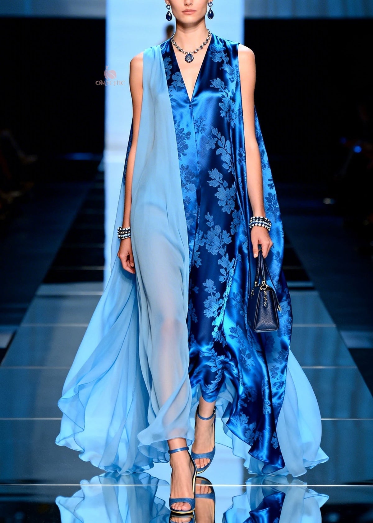 Chiffon Jacquard Floral Panel Deep V-Neck Sheer Cape Maxi Gown - View 5