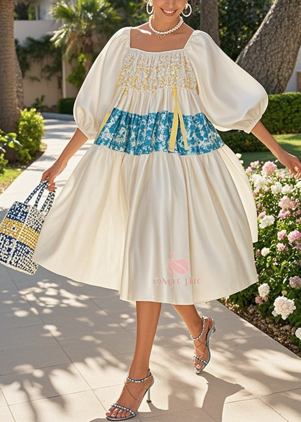 Square Neck Puff Sleeve Floral Patchwork Tiered Midi Dress - View 5