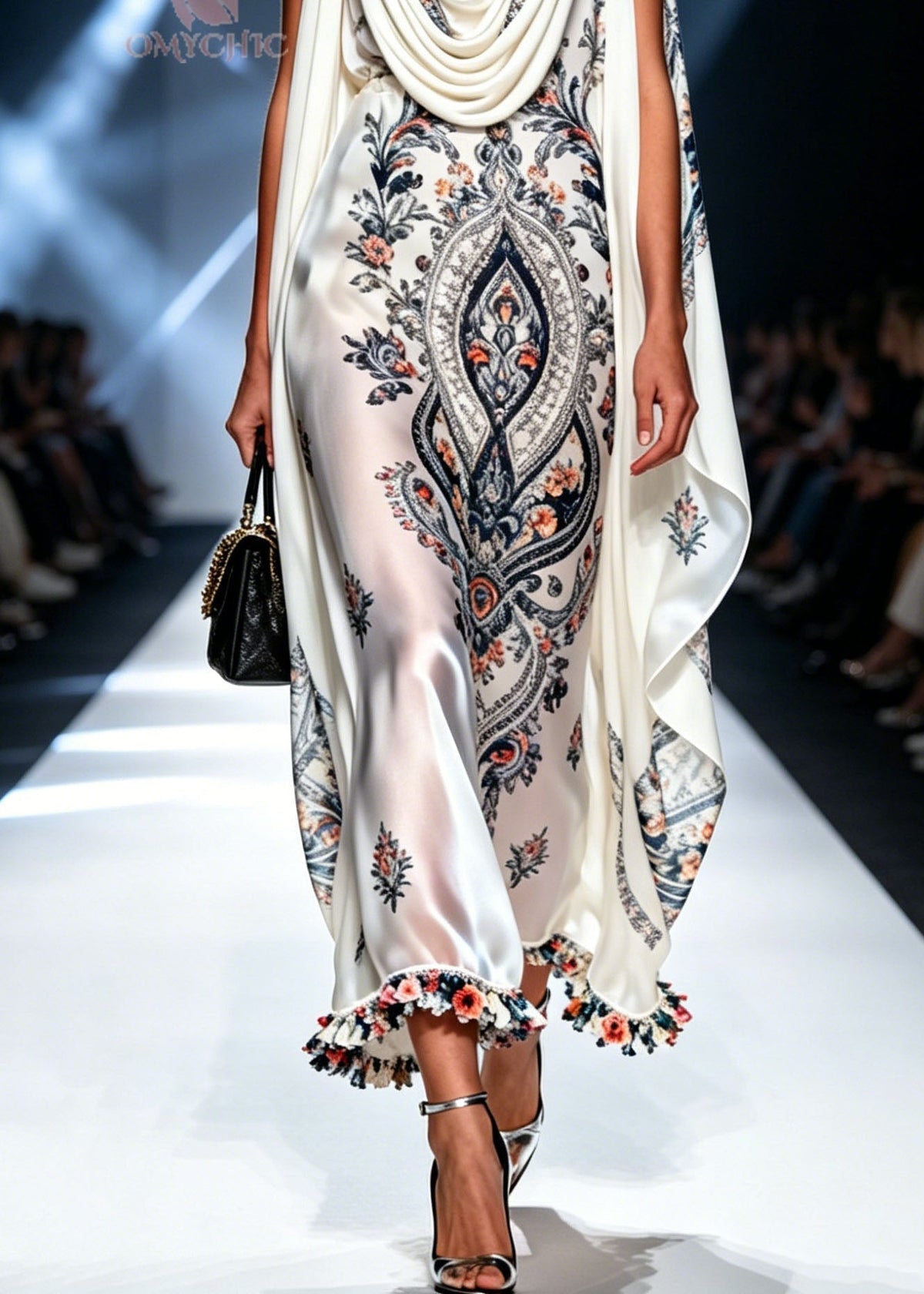Paisley Floral Print Cowl Neck Shoulder Cape Ruffle Pom Hem Maxi Gown - View 4