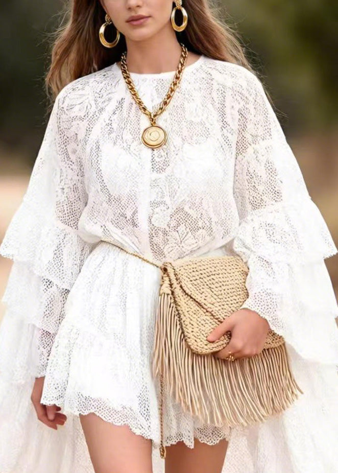 Stylish White Ruffled Patchwork Lace Mid Dress Butterfly Sleeve - View 2