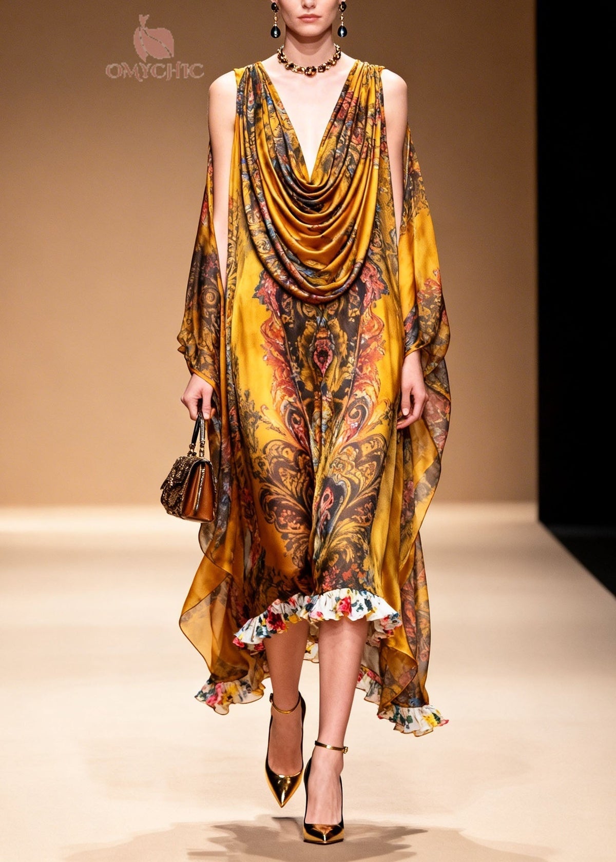 Stylish Yellow Cold Shoulder Print Chiffon Maxi Dresses Summer - View 4