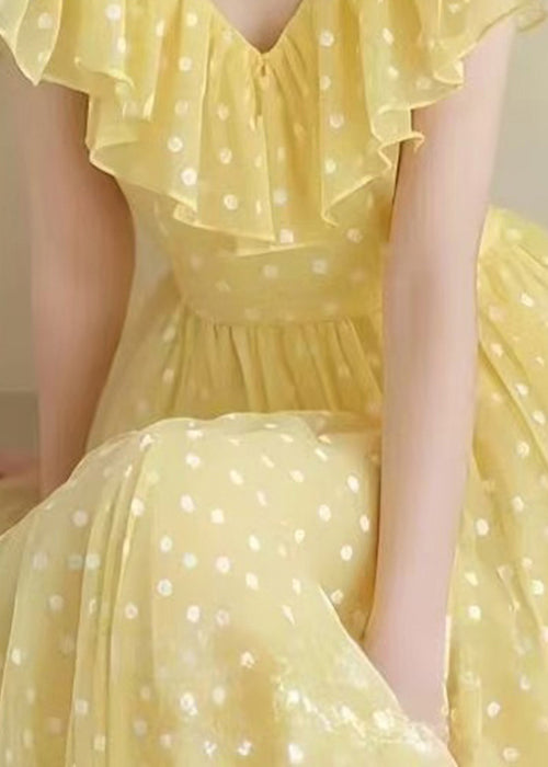 Stylish Yellow V Neck Ruffled Print Chiffon Long Dress Summer - View 4