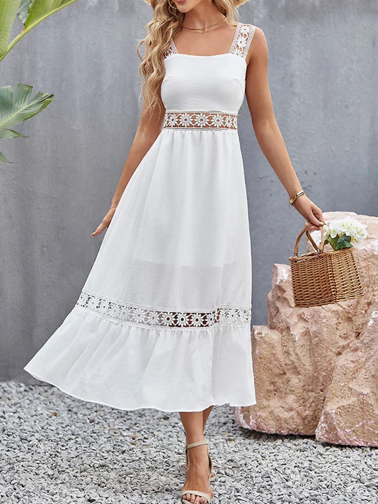 Square Neck Crochet Lace Trim Tiered Boho Maxi Dress - View 2