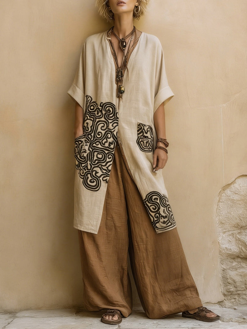 Appliqué Linen Look Kimono Tunic and Wide Leg Pants Three Piece Set 2