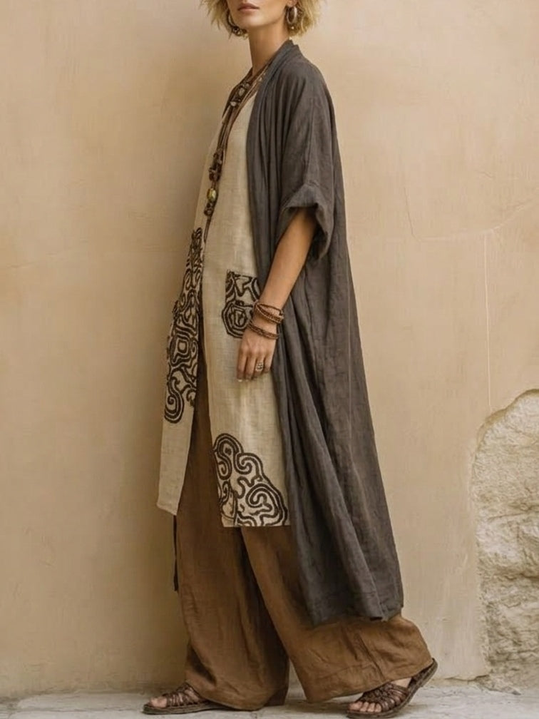 Appliqué Linen Look Kimono Tunic and Wide Leg Pants Three Piece Set 4