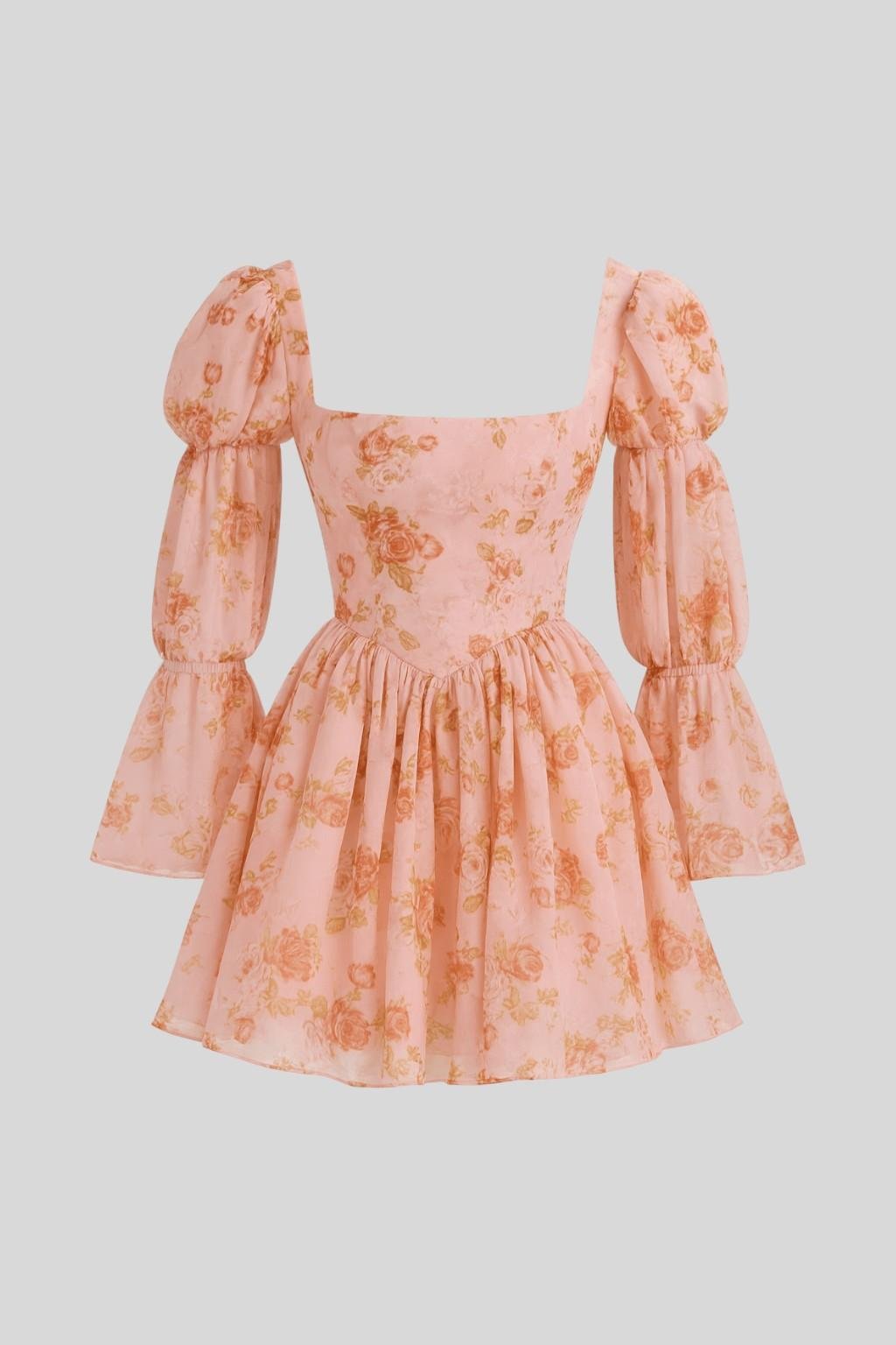 Floral Square Neck Puff Sleeve Corset Fit and Flare Mini Dress 2