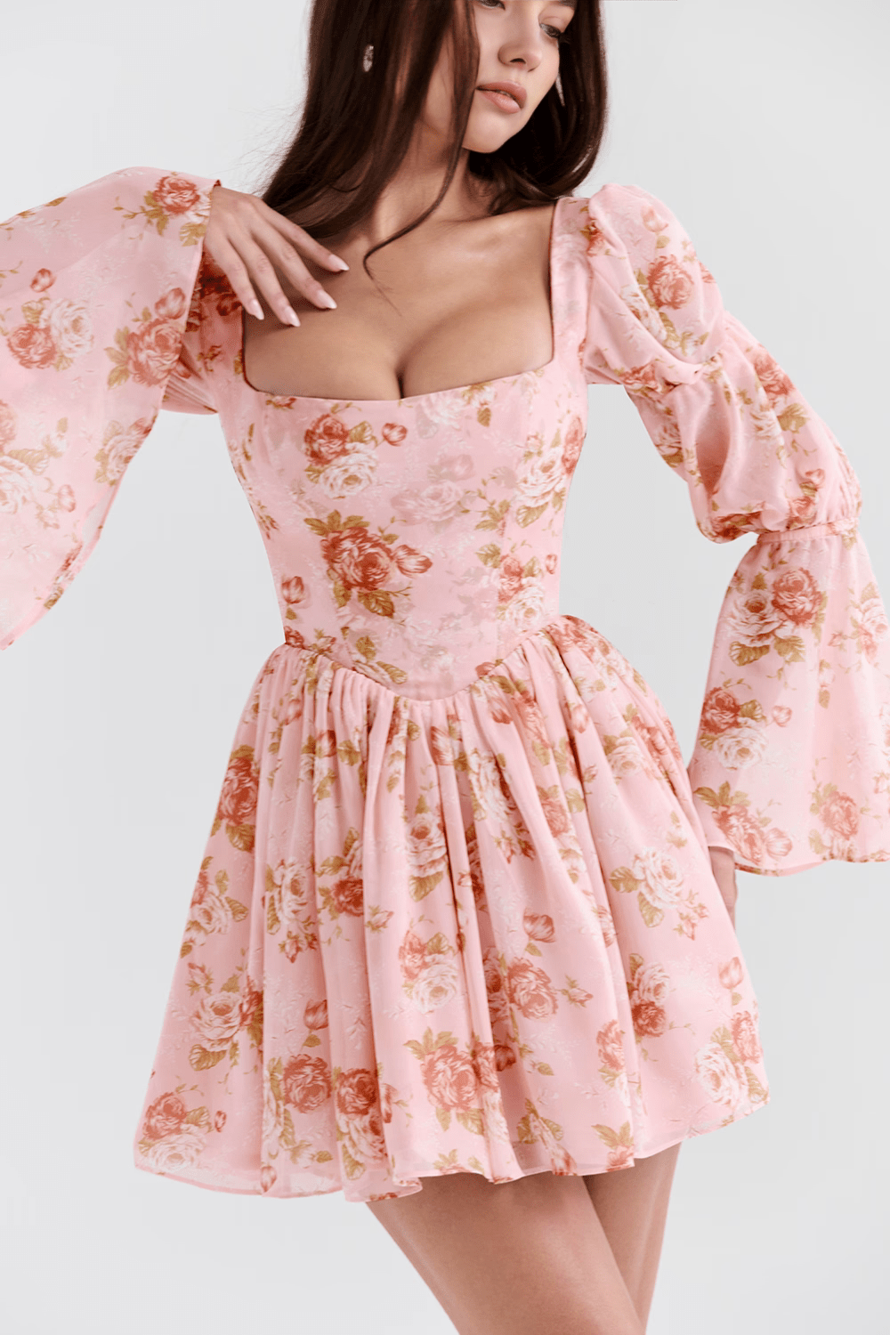 Floral Square Neck Puff Sleeve Corset Fit and Flare Mini Dress 5