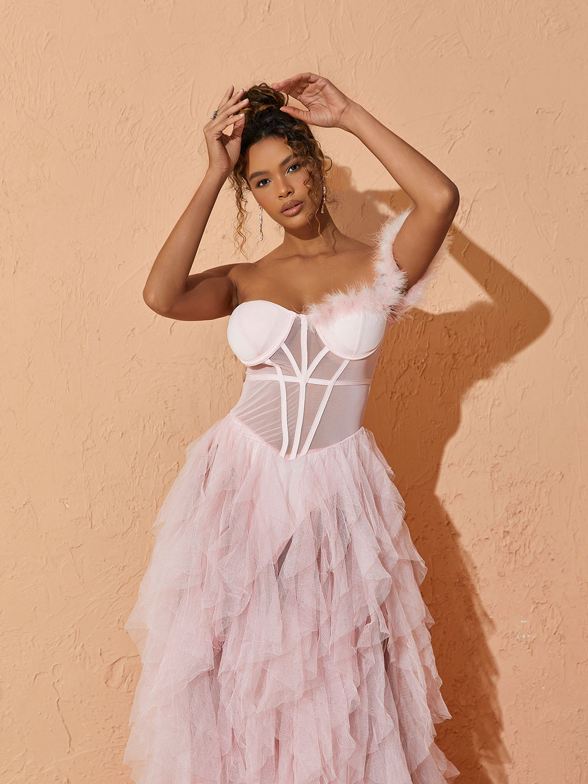 Titania One Shoulder Tulle Maxi Dress In Blush - View 4