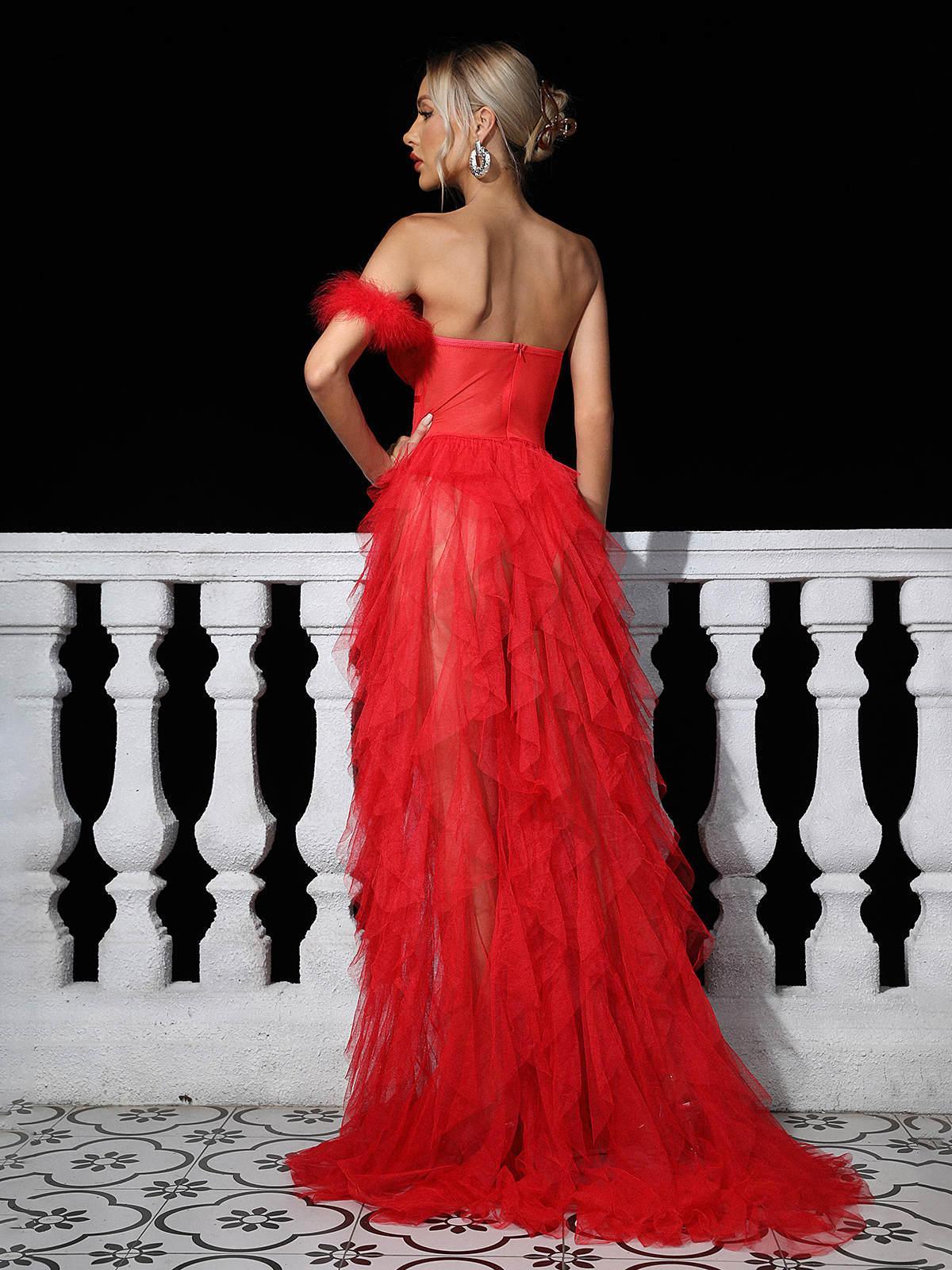 One Shoulder Tulle Maxi Dress In Red - View 7