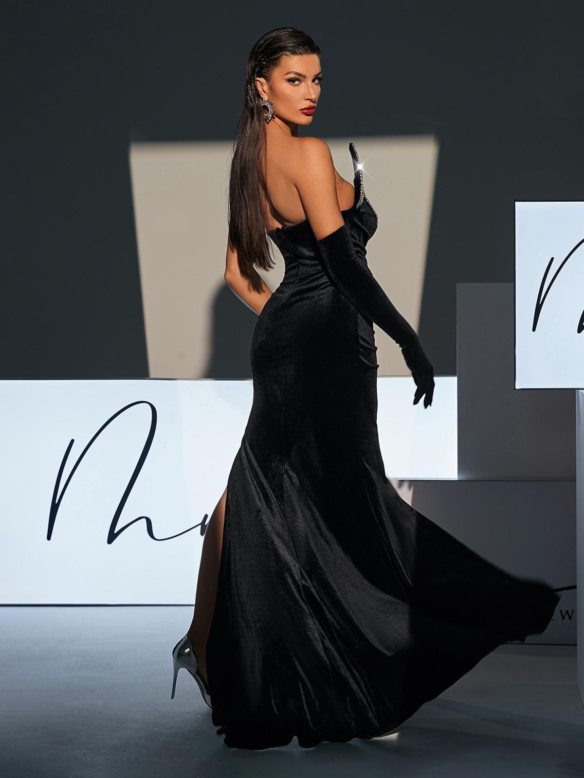 Strapless Wave Crystal Velvet Maxi Dress - View 7