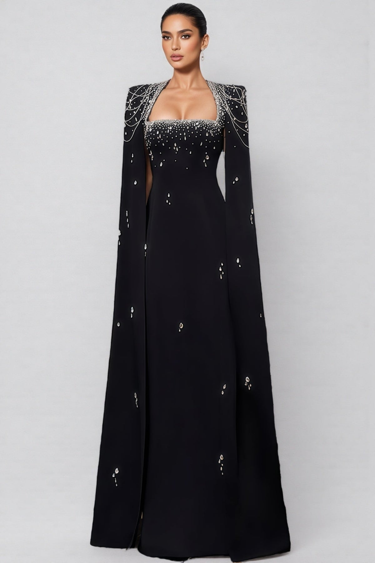 Rhinestone Beaded Chain Cape Sleeve Square Neck Column Maxi Gown - View 4
