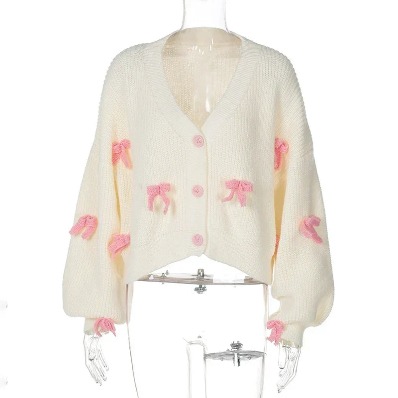 Embroidered Bow V-neck Cardigan