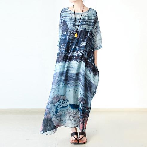Landscape Print Scoop Neck Elbow Sleeve Pocket Kaftan Maxi Dress