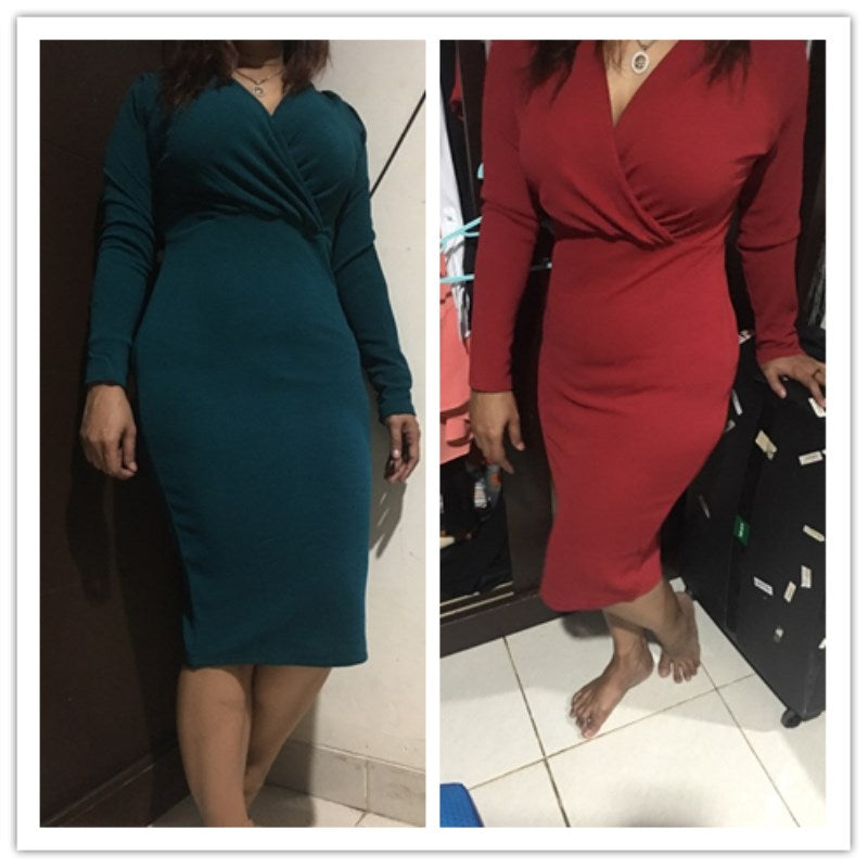 Deep V-Neck Long Sleeve Wrap Bodycon Midi Dress - View 23
