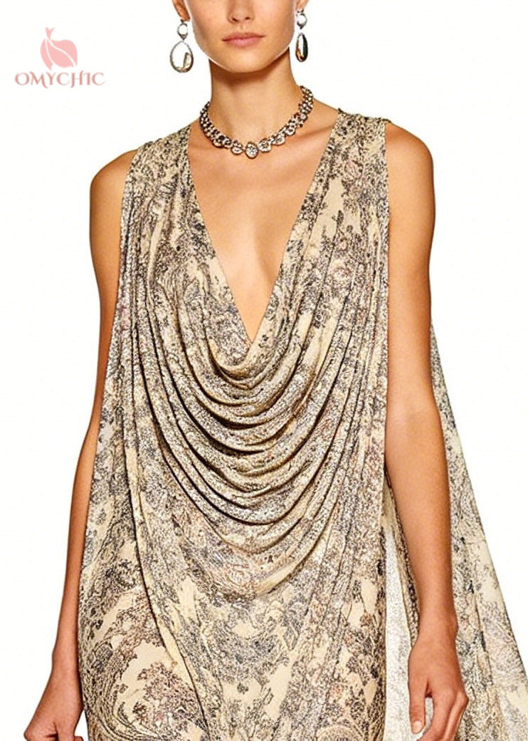 Deep V-Neck Draped Paisley Sleeveless Kaftan Maxi Dress - View 2