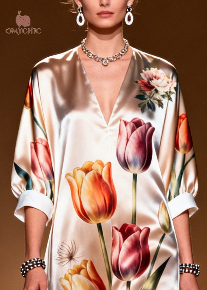 Floral Tulip Print Deep V-Neck Contrast Cuff Sheer Maxi Dress - View 2