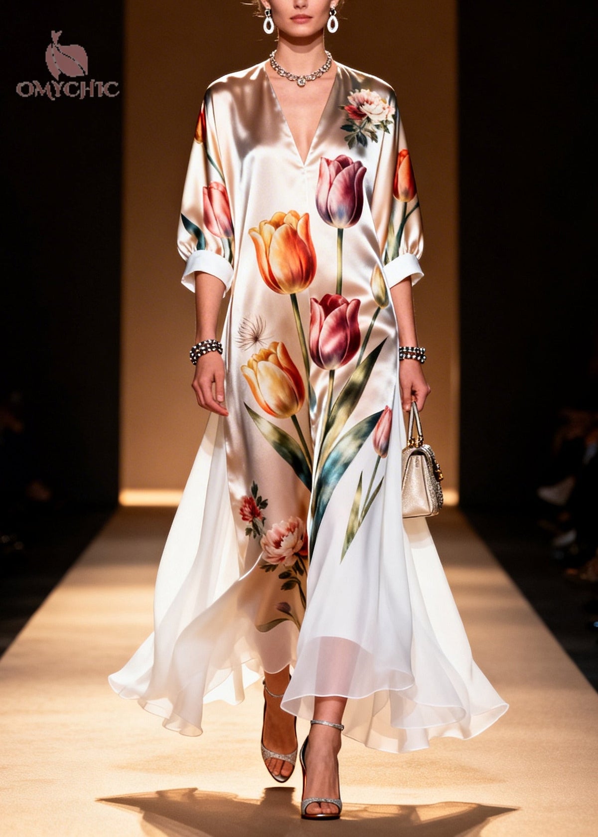 Floral Tulip Print Deep V-Neck Contrast Cuff Sheer Maxi Dress - View 5