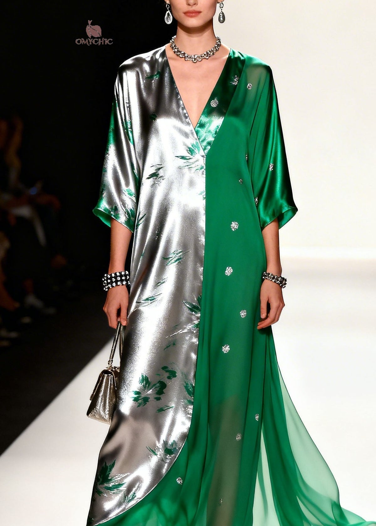 Metallic Floral Sequin Split Panel Deep V-Neck Wide Sleeve Maxi Gown - View 2