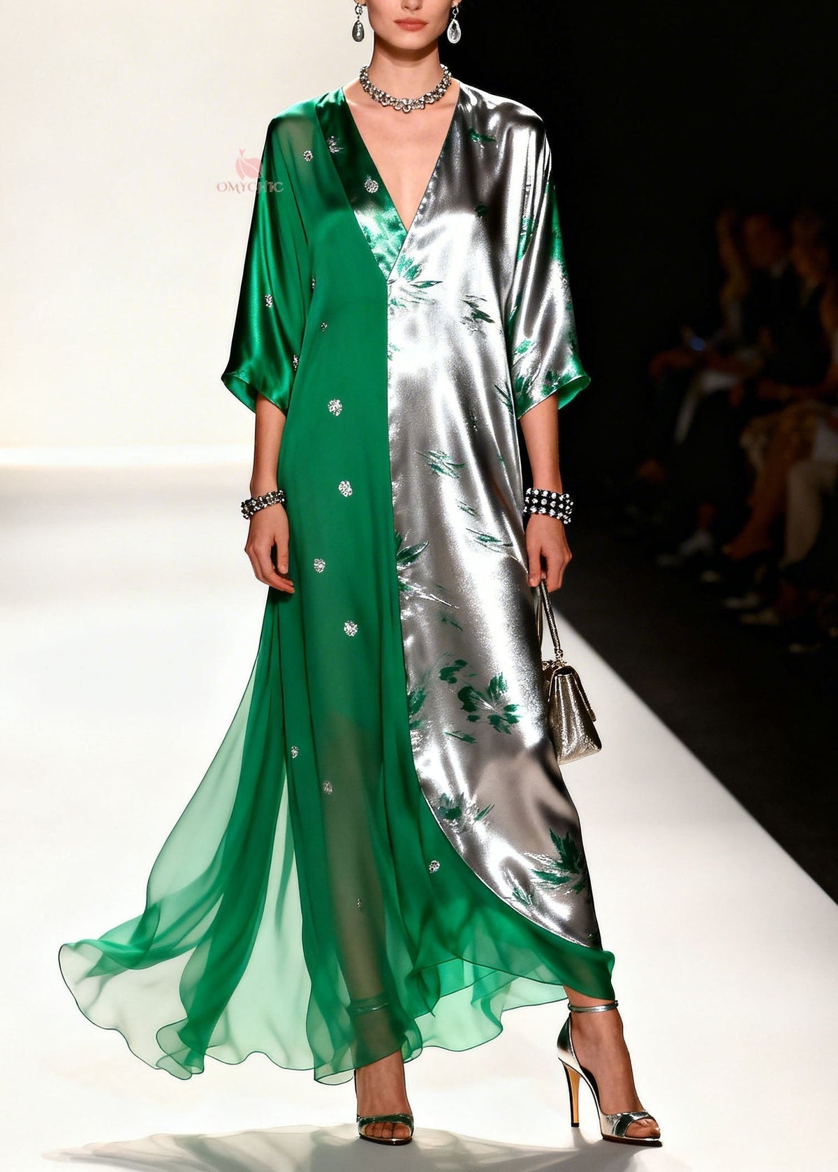 Metallic Floral Sequin Split Panel Deep V-Neck Wide Sleeve Maxi Gown - View 3