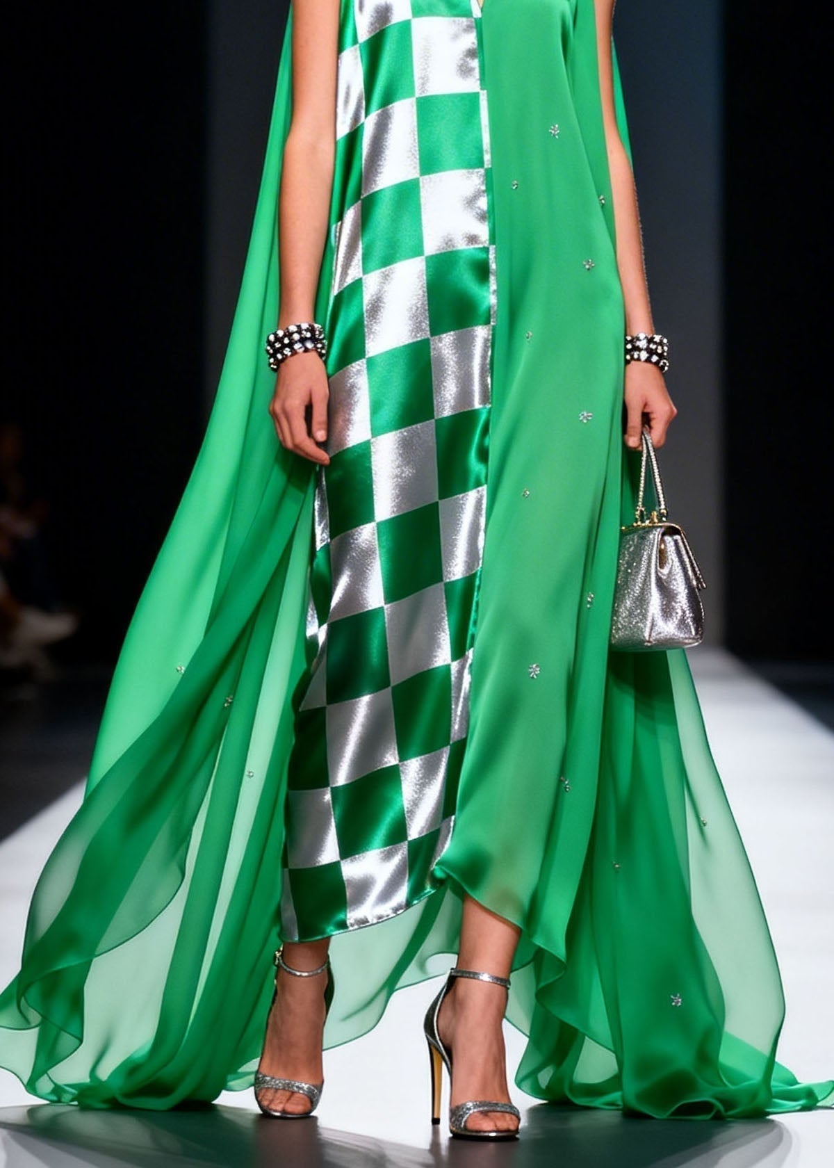 Checkered Panel Rhinestone Deep V-Neck Sleeveless Cape Maxi Gown - View 4