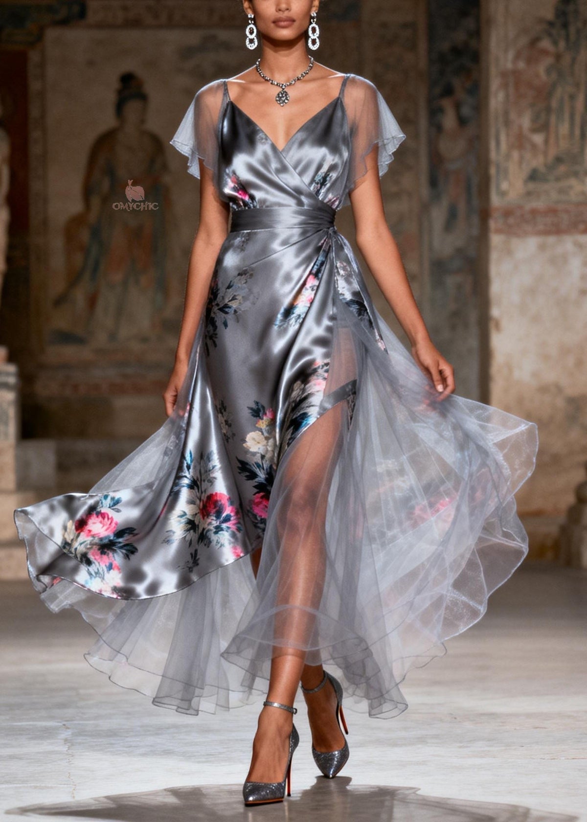 Floral Print Wrap V-Neck Flutter Sleeve High Split Maxi Gown