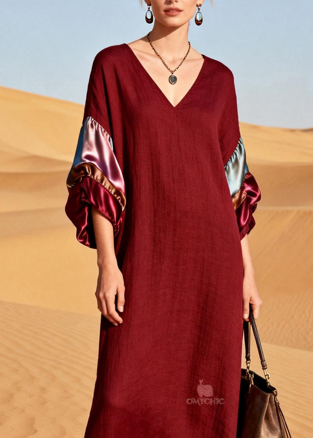 V-Neck Long Balloon Sleeve Horizontal Satin Panel Crinkle Maxi Dress - View 2