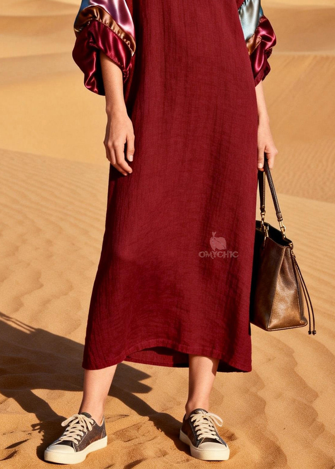 V-Neck Long Balloon Sleeve Horizontal Satin Panel Crinkle Maxi Dress - View 4