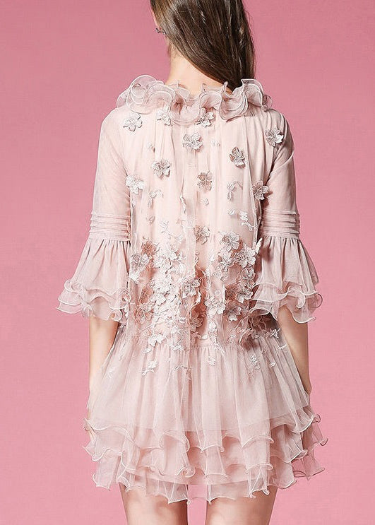 Unique Navy Ruffled Patchwork Tulle Mid Dress Half Sleeve - View 5