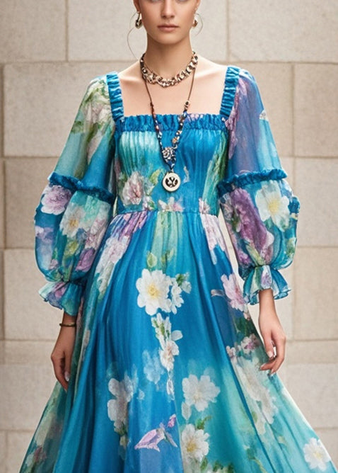 Square Neck Puff Sleeve Floral Print Ruffle Hem Chiffon Maxi Dress - View 2