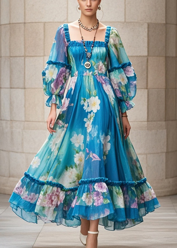 Square Neck Puff Sleeve Floral Print Ruffle Hem Chiffon Maxi Dress - View 3
