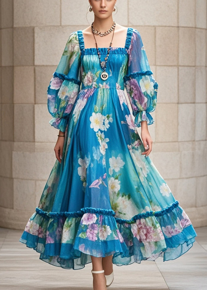 Square Neck Puff Sleeve Floral Print Ruffle Hem Chiffon Maxi Dress - View 5