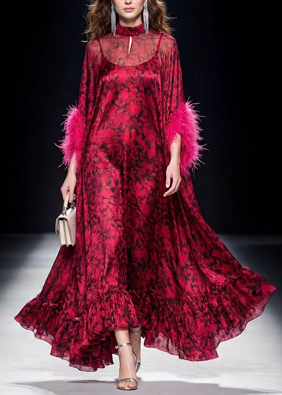 Unique Red Print Ruffled Fur Patchwork Chiffon Maxi Dress Spring - View 5