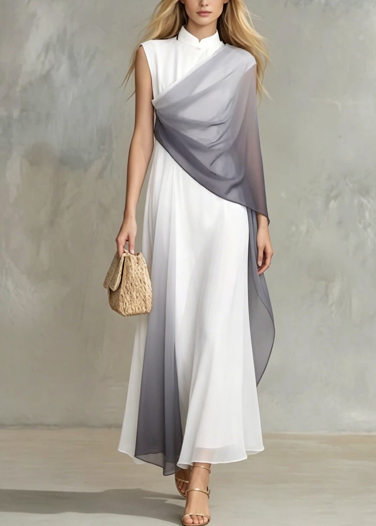 Ombre Gradient Patchwork Mandarin Collar Sleeveless Chiffon Maxi Gown