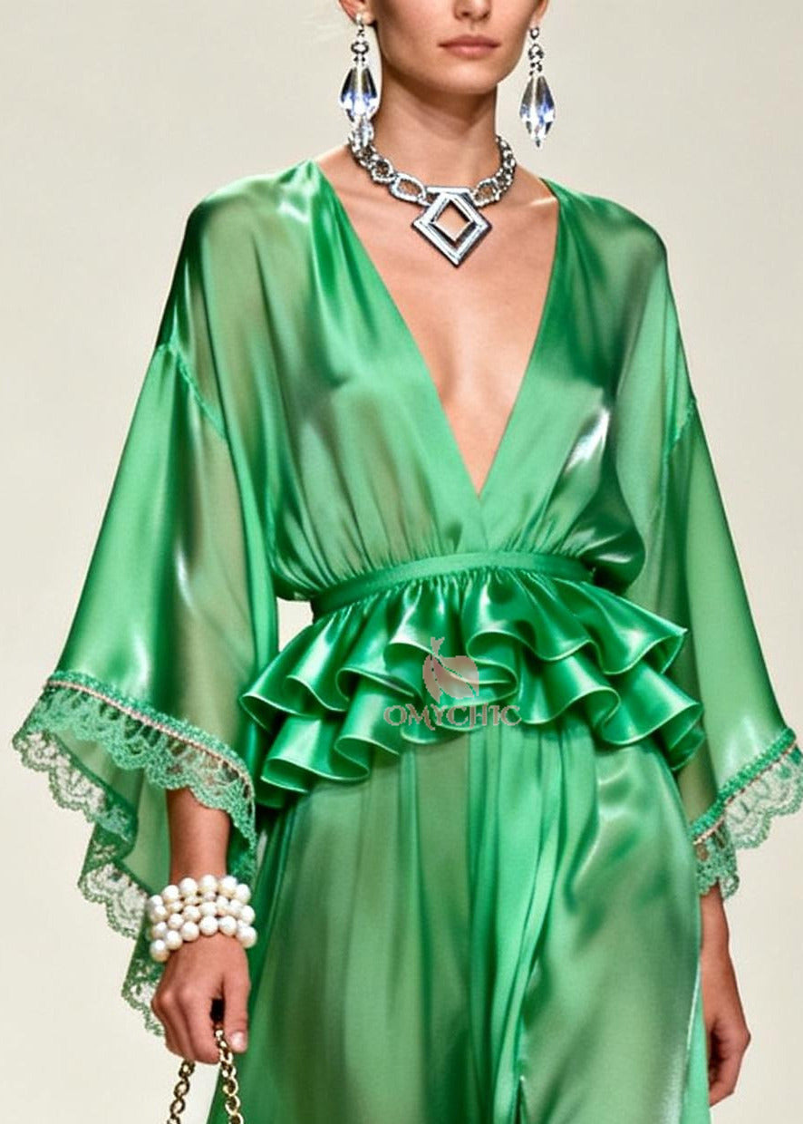 Deep V-Neck Lace Trim Bell Sleeve Peplum Waist Maxi Gown - View 2