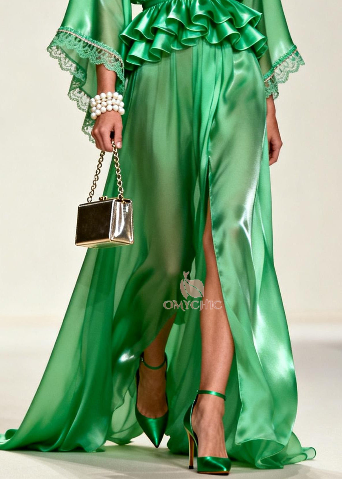 Deep V-Neck Lace Trim Bell Sleeve Peplum Waist Maxi Gown - View 4