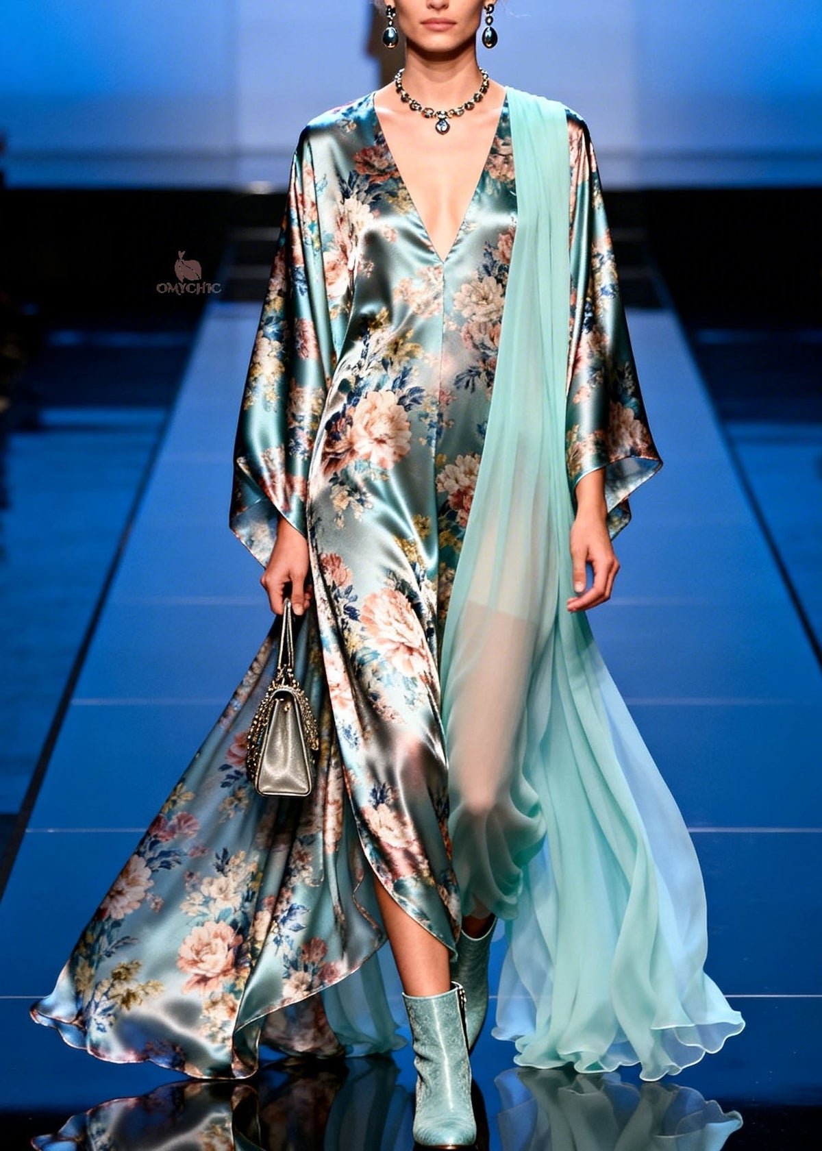 Satin Floral Print Deep V-Neck Sleeve Sheer Cape Trim Maxi Gown - View 3
