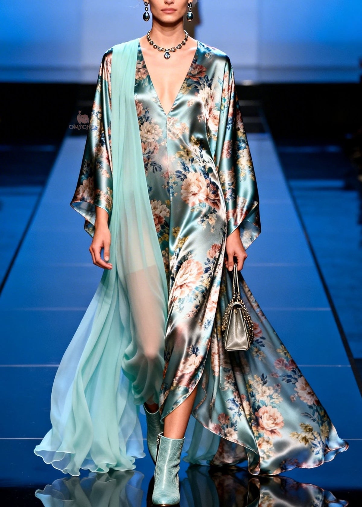 Satin Floral Print Deep V-Neck Sleeve Sheer Cape Trim Maxi Gown - View 5