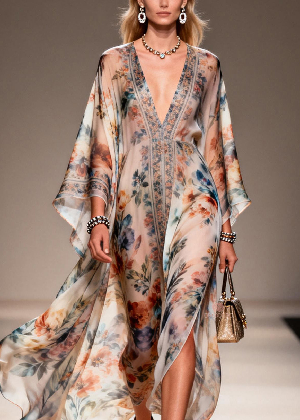 Unique V Neck Print Chiffon Maxi Dresses Spring - View 2