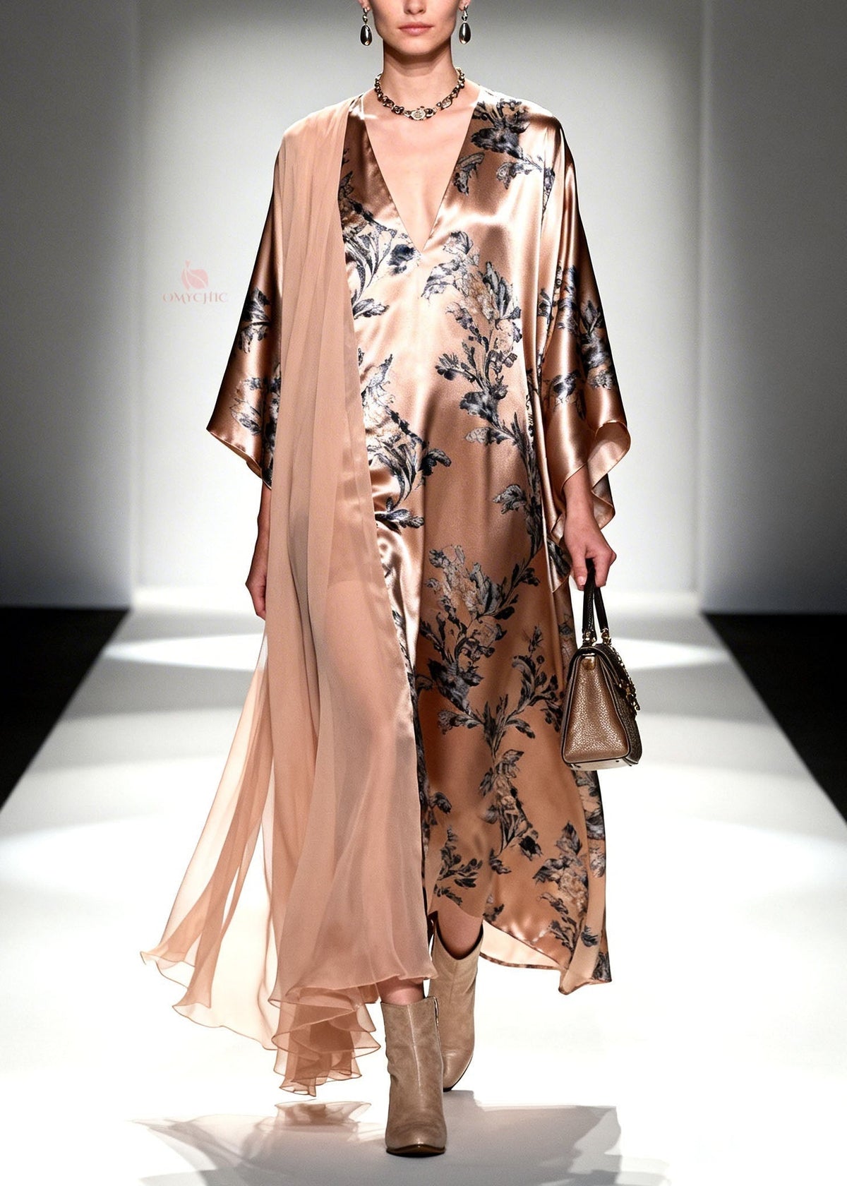 Botanical Print Deep V-Neck Flared Sleeve Sheer Maxi Gown - View 5