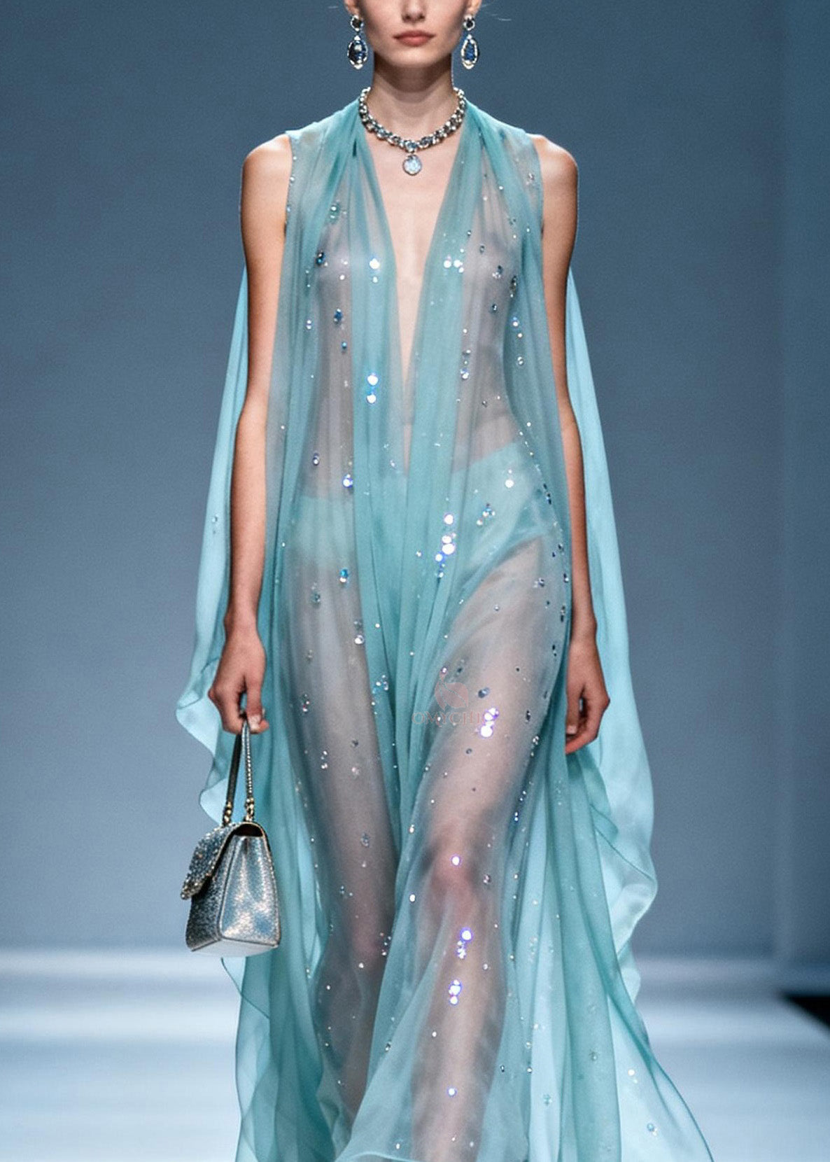 Sequin Scatter Deep V-Neck Cape Panel Ruffle Hem Sheer Maxi Gown - View 2