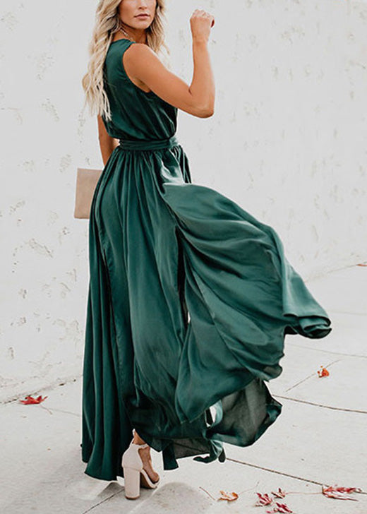 Satin Wrap V-Neck Sleeveless Tie Waist High Split Maxi Gown - View 3