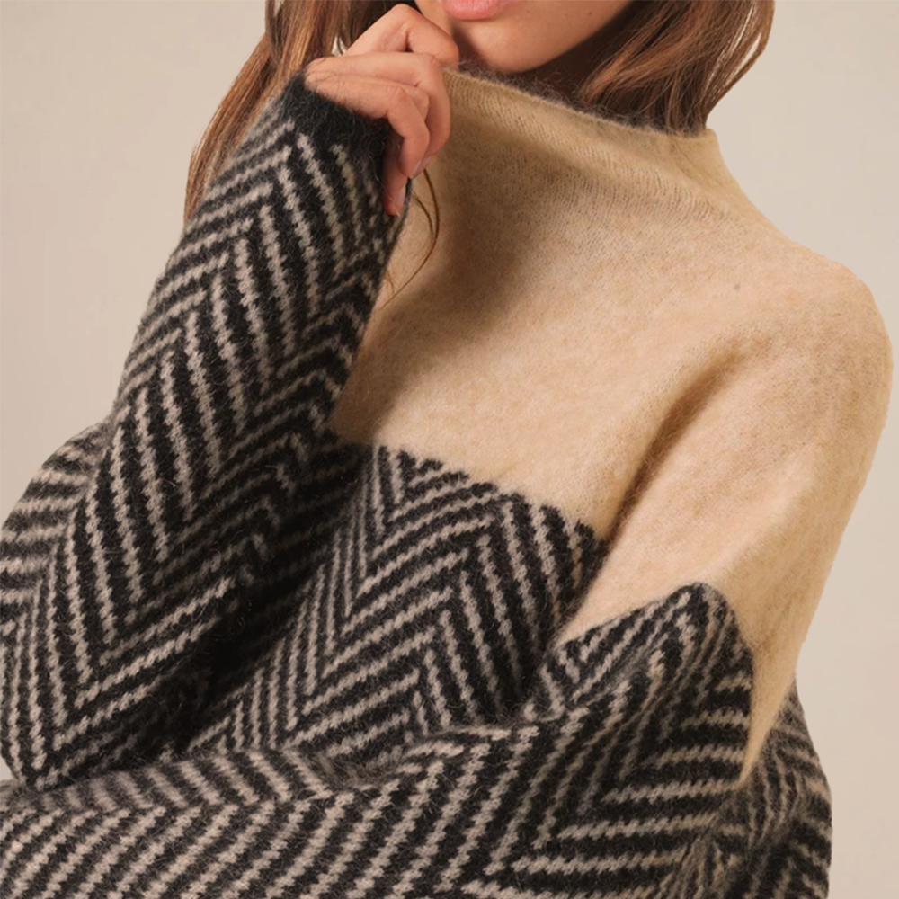 Turtleneck Long Sleeve Herringbone Colorblock Oversized Sweater 3