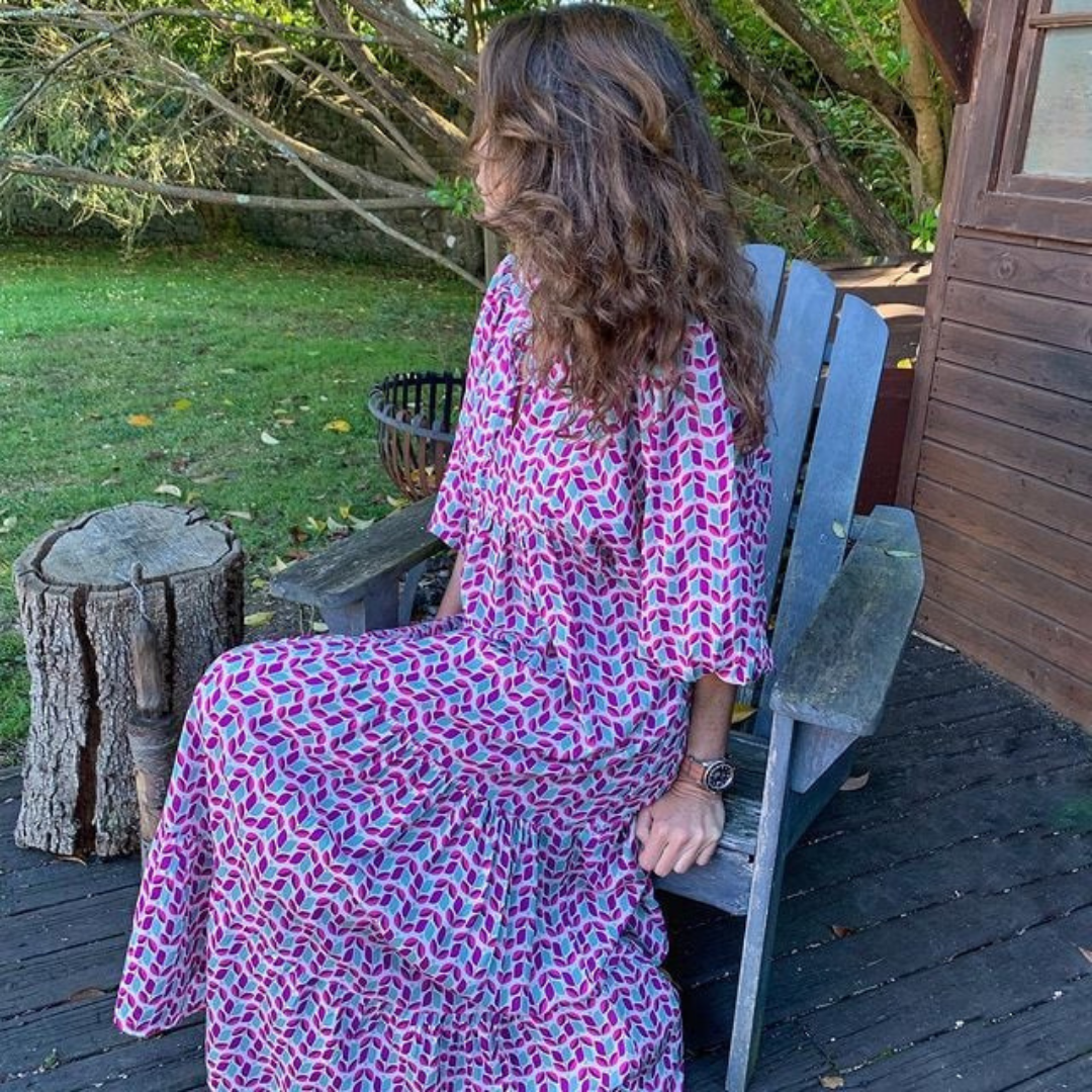 V-Neck Puff Sleeve Tiered Maxi Dress Boho 21