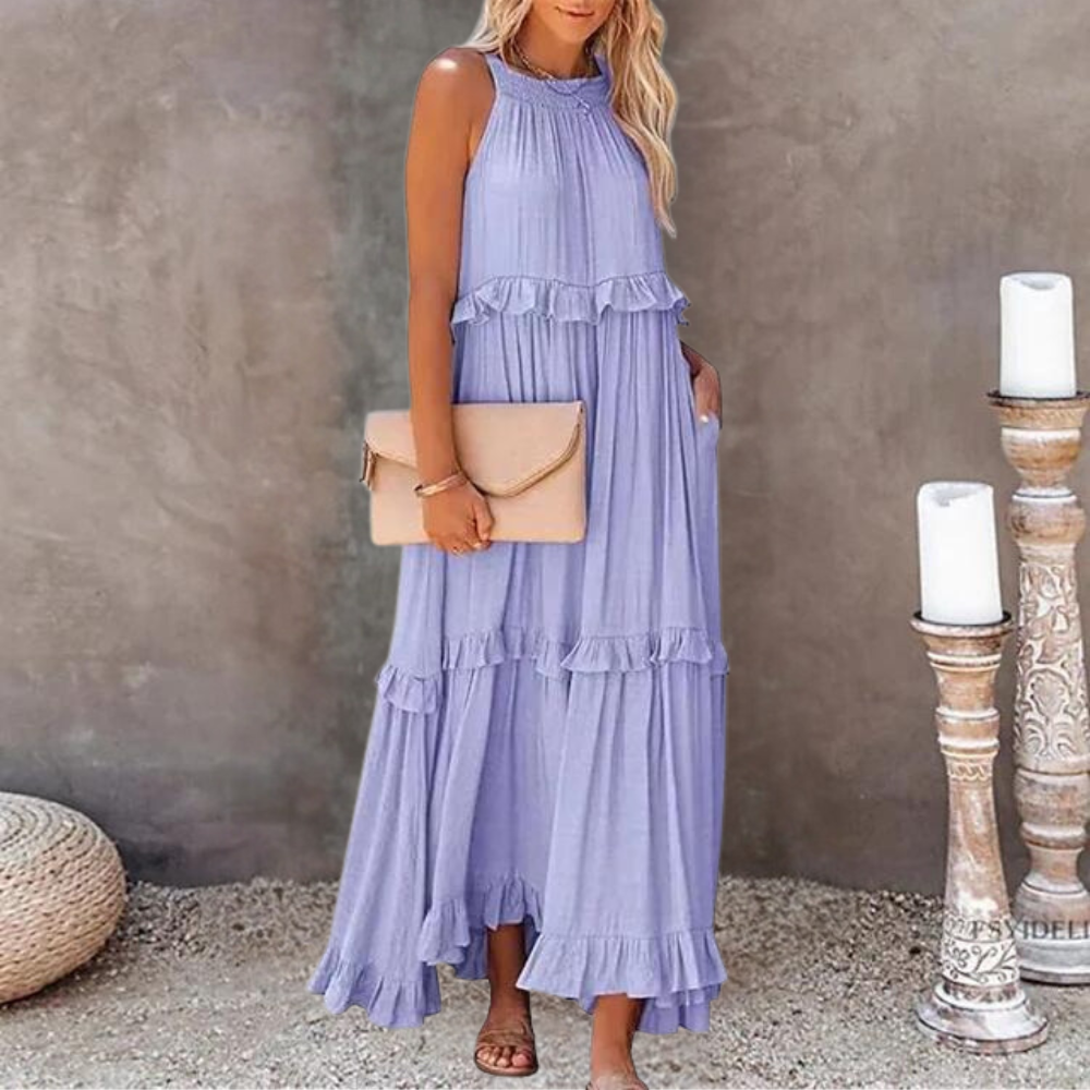 Halter Neck Sleeveless Tiered Ruffle Flowy Maxi Summer Dress - View 4