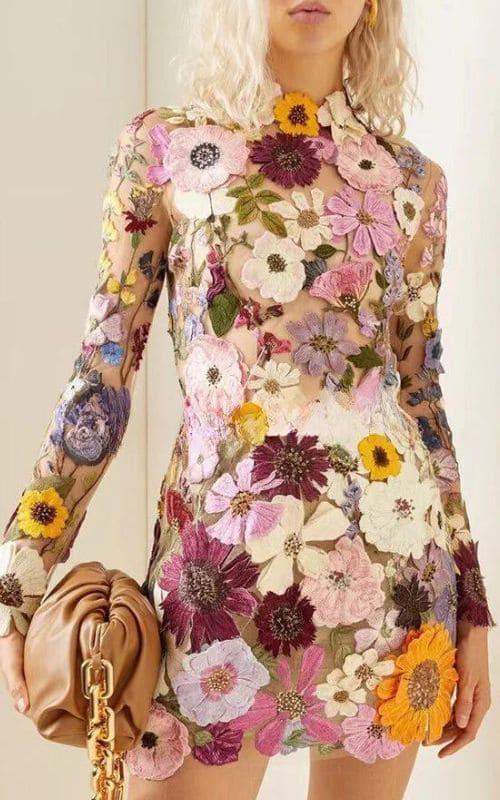 Mock Neck Long Sleeve Floral Embroidered Mesh Bodycon Mini Dress - View 7