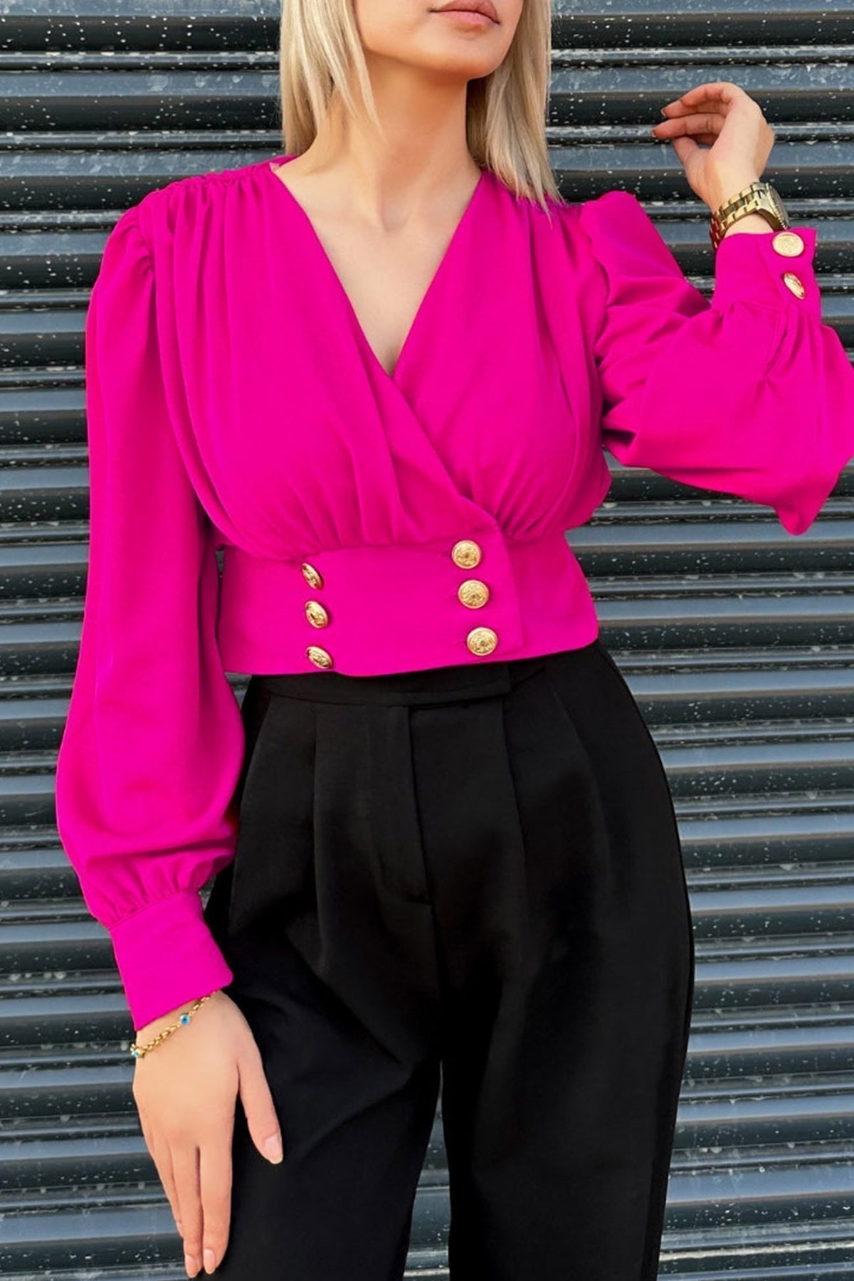 Arm Smocked Puff Neck V Top Rose / L Blouses