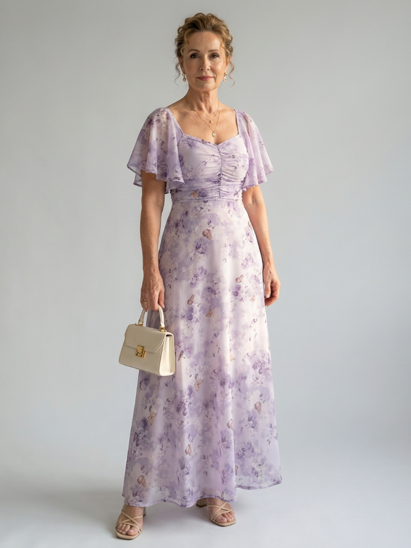 Floral Flutter Sleeve Ruched Bodice Maxi Dress