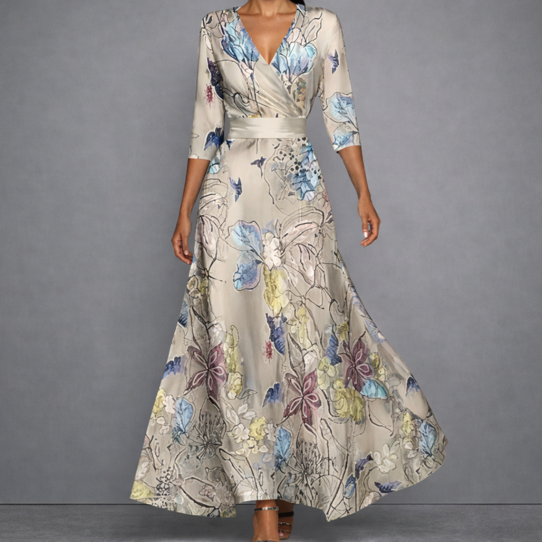 Floral Print V-Neck Belted Waist Fit and Flare Maxi Dress 2